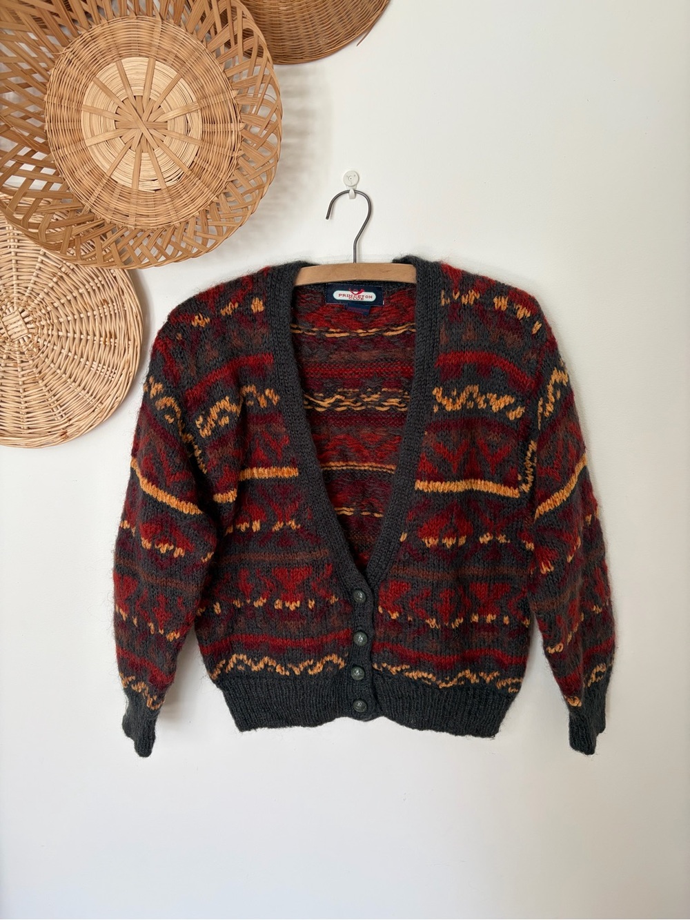 Vintage Multicolor Wool Blend Cardigan Sweater - Charcoal/Red